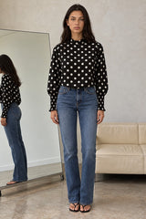 Polka Dot High Neck Blouse with Shirred Sleeves