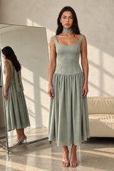 Sage Green Lady Dress with Detachable Bow