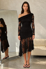 Stephanie Asymmetric Lace Dress in Black
