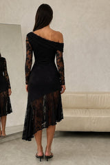 Stephanie Asymmetric Lace Dress in Black