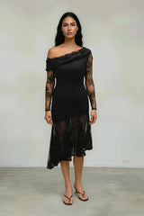 Stephanie Asymmetric Lace Dress in Black