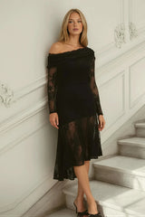 Stephanie Asymmetric Lace Dress in Black