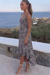 Black Zebra Print High Low Dress