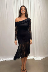 Stephanie Asymmetric Lace Dress in Black