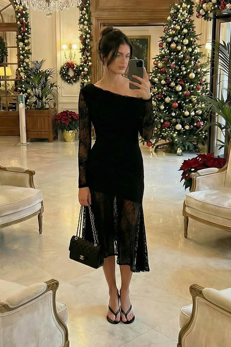 Stephanie Asymmetric Lace Dress in Black