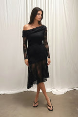 Stephanie Asymmetric Lace Dress in Black