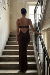Christy Satin Maxi Dress in Chocolate Brown