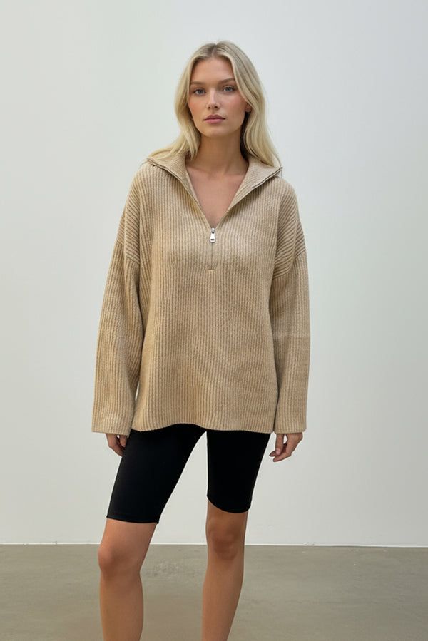 Oversized Zip Knitted Jumper in Camel