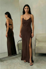 Christy Satin Maxi Dress in Chocolate Brown Bridesmaid Dress