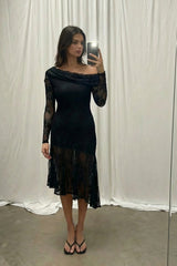 Stephanie Asymmetric Lace Dress in Black