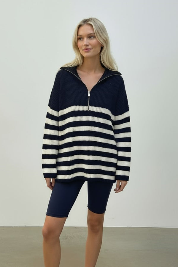 Oversized Striped Zip Knitted Jumper in Navy