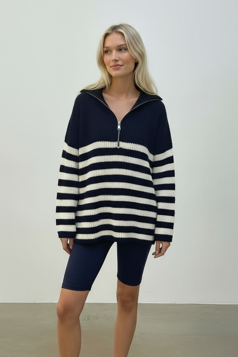 Oversized Striped Zip Knitted Jumper in Navy