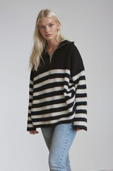 Oversized Striped Zip Knitted Jumper in Navy