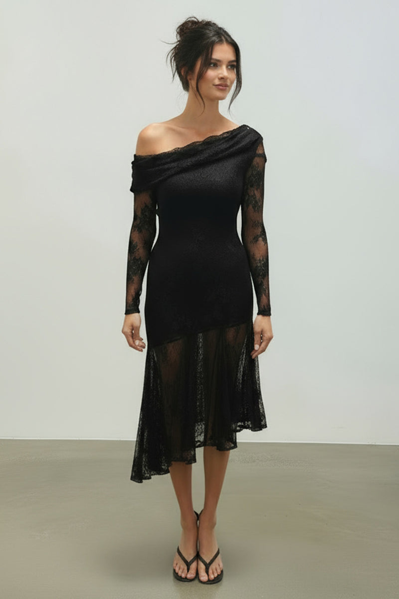 Stephanie Asymmetric Lace Dress in Black
