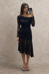 Stephanie Asymmetric Lace Dress in Black