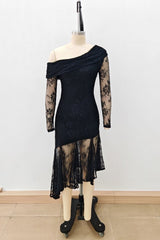 Stephanie Asymmetric Lace Dress in Black