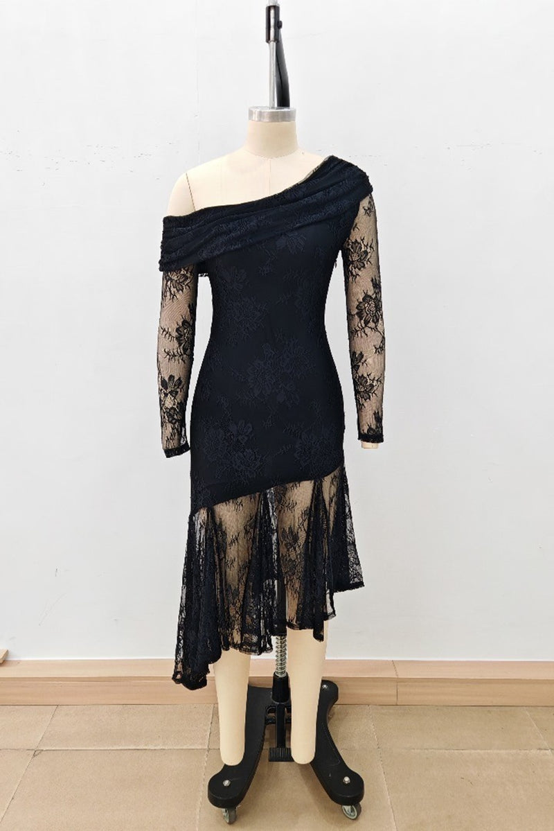 Stephanie Asymmetric Lace Dress in Black