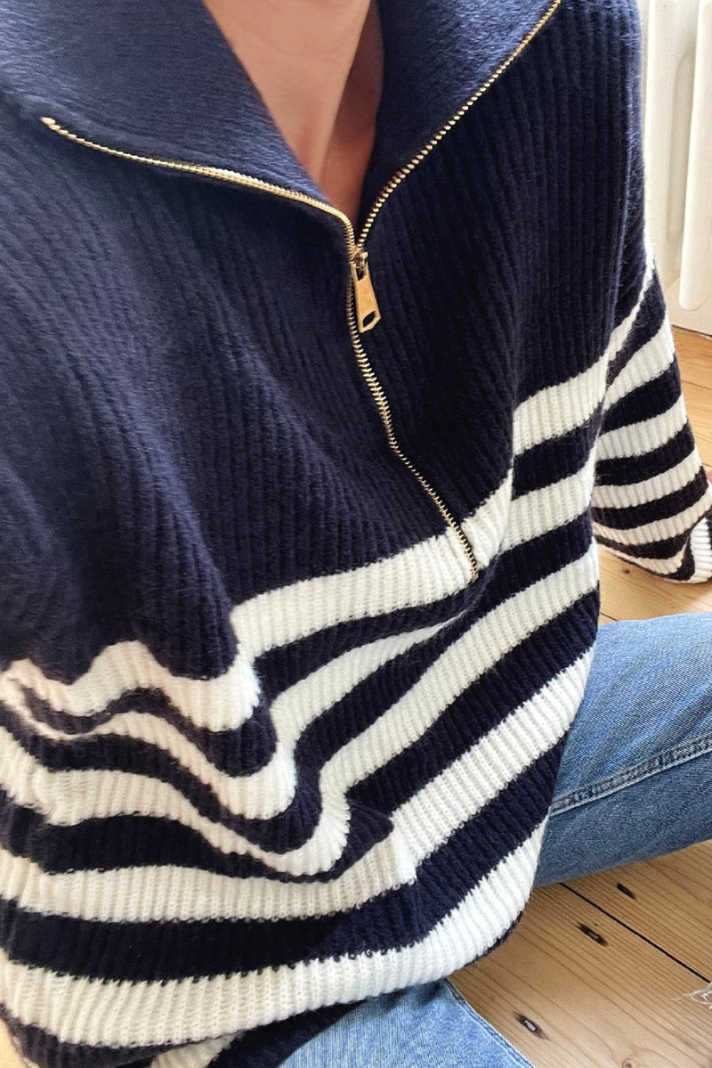 Oversized Striped Zip Knitted Jumper in Navy