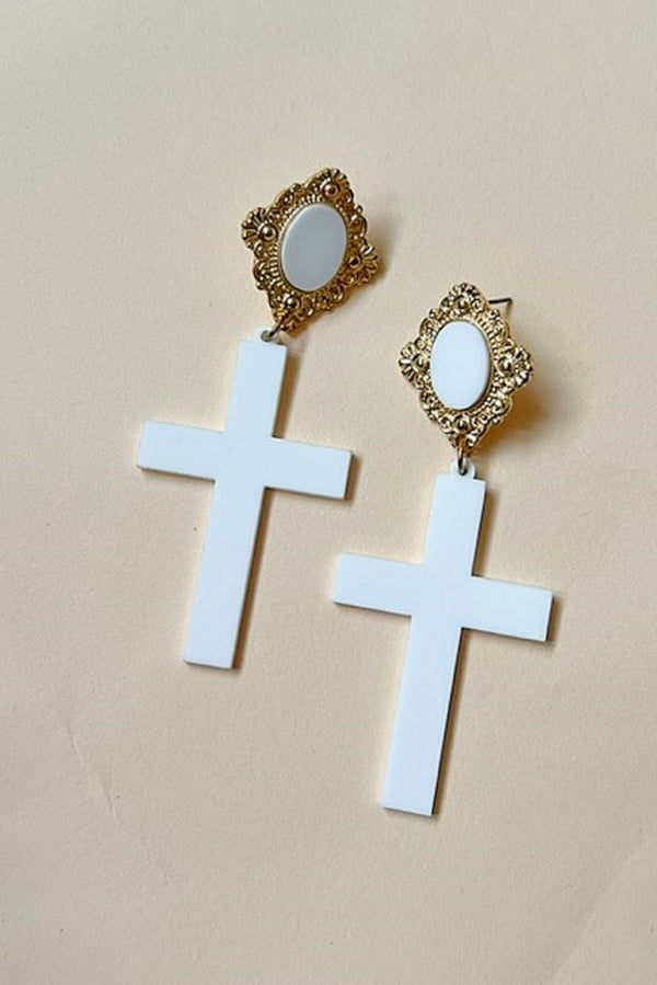 White Acrylic Cross Earrings