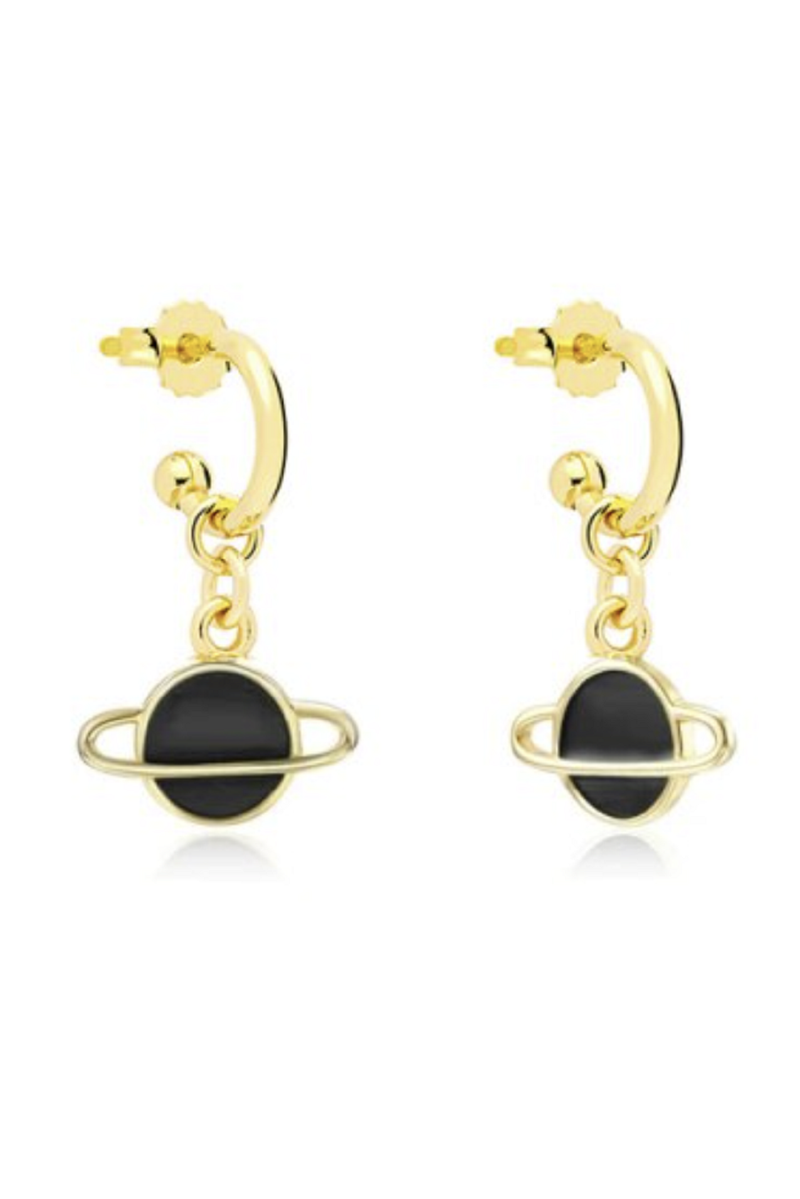 18k Gold Plated Black Planet Huggie Hoop Earrings