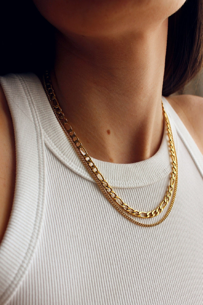 18k Gold Plated Figaro Double Chain Layered Necklace