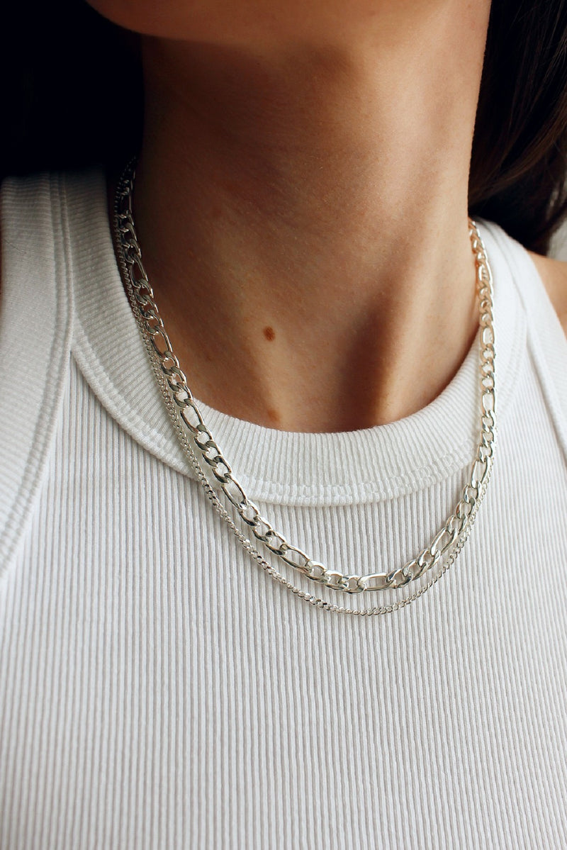 Sterling Silver Plated Figaro Chain Layered Necklace