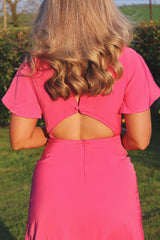 Short Sleeve Backless Pink Midi Dress with Split