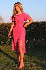 Short Sleeve Backless Pink Midi Dress with Split