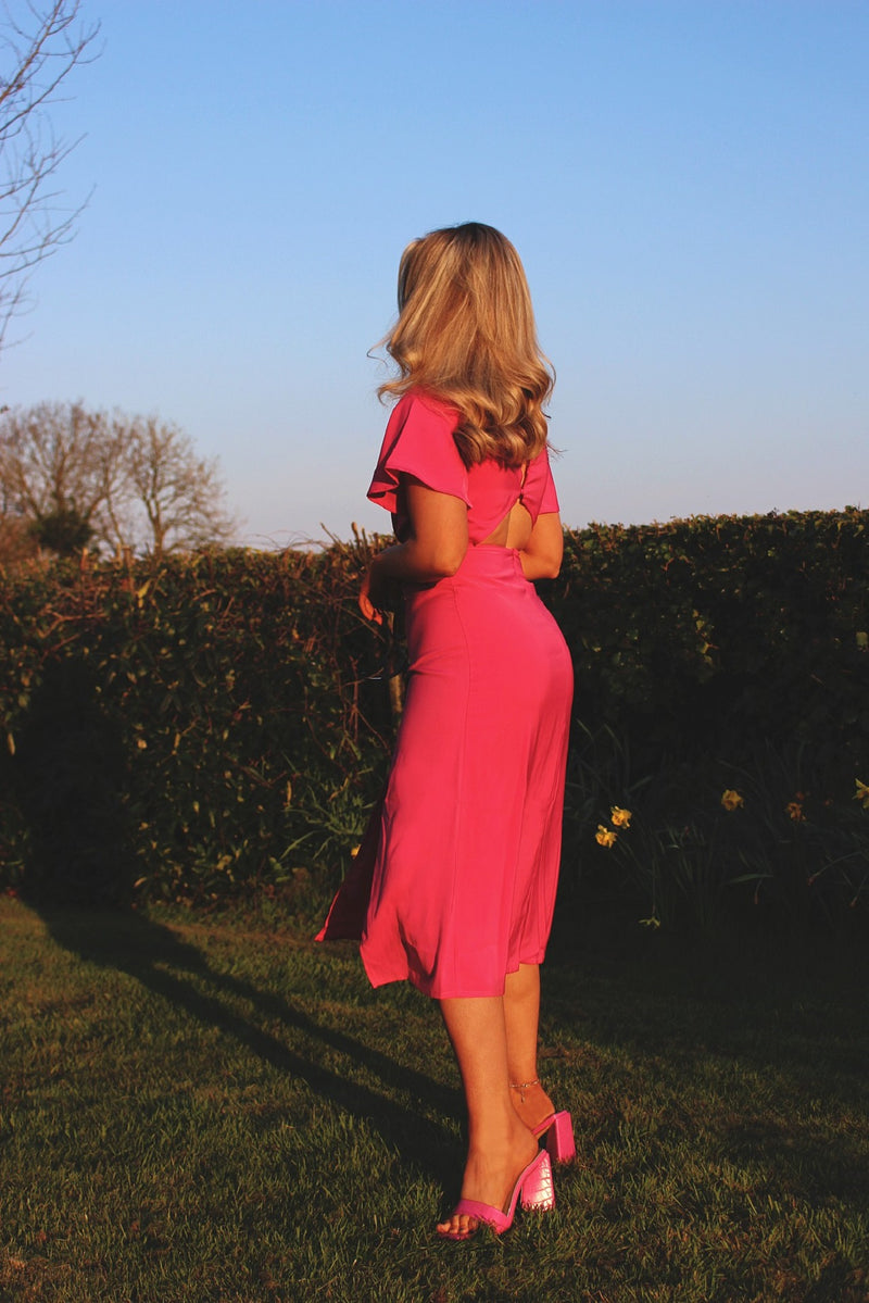 Short Sleeve Backless Pink Midi Dress with Split