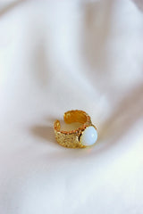 Gold Chunky Textured Ring with White Gem