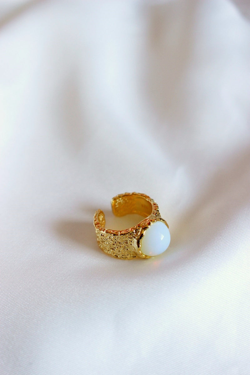 Gold Chunky Textured Ring with White Gem