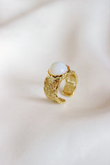 Gold Chunky Textured Ring with White Gem