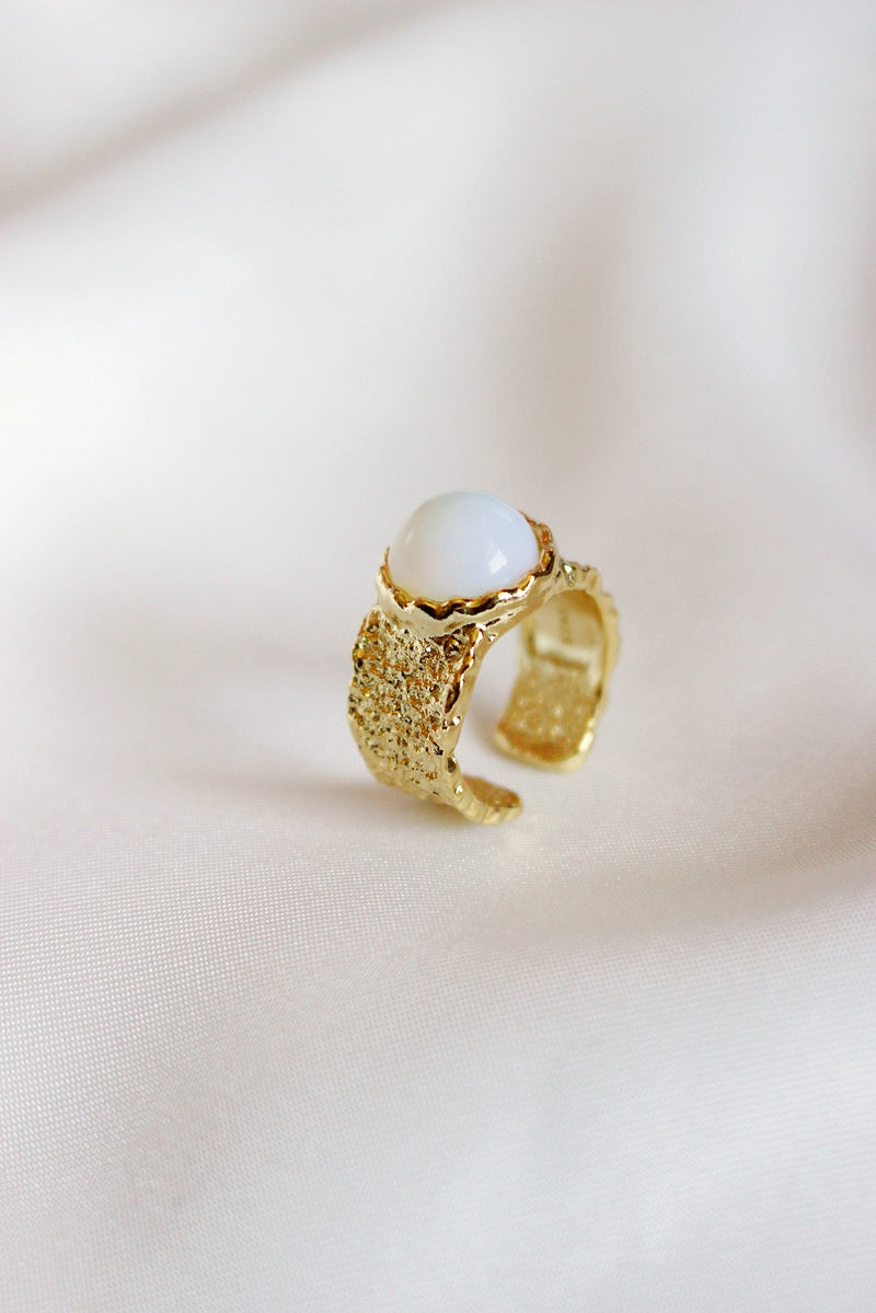 Gold Chunky Textured Ring with White Gem