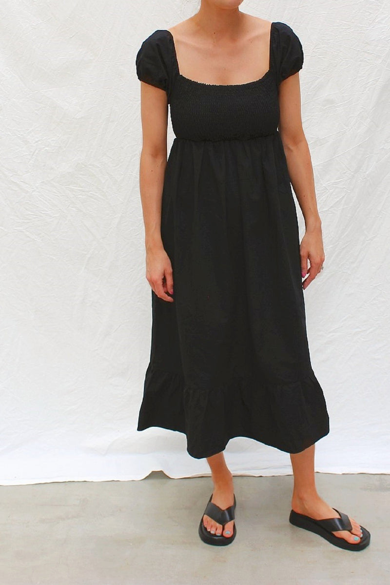 Black Shirred Cotton Midi Dress