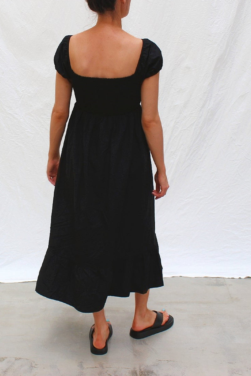Black Shirred Cotton Midi Dress
