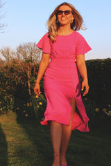 Short Sleeve Backless Pink Midi Dress with Split