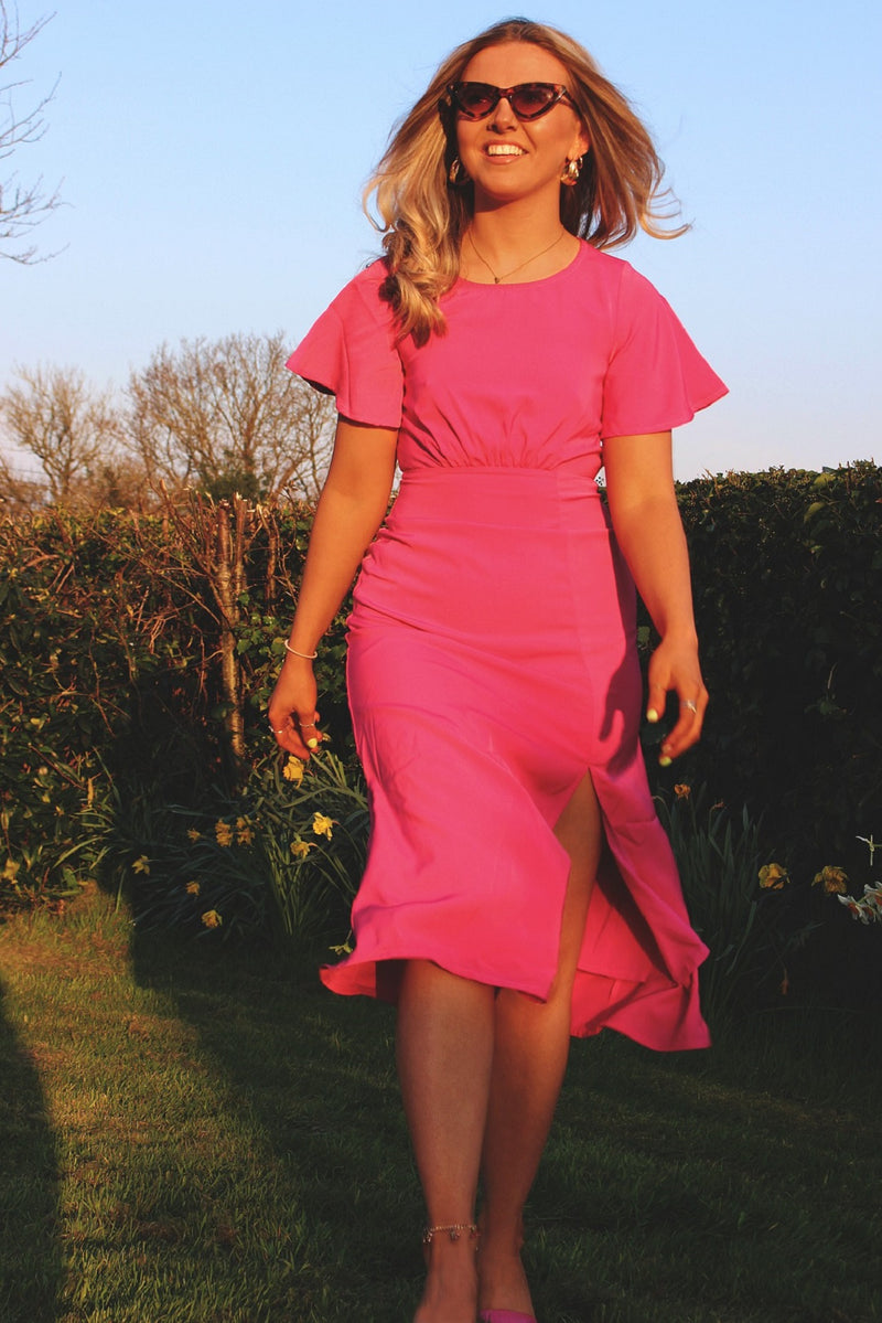 Short Sleeve Backless Pink Midi Dress with Split