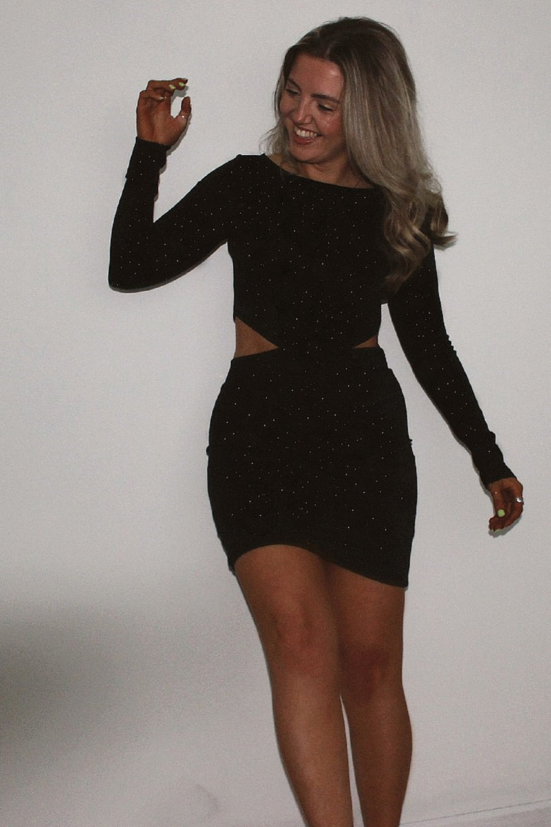 Black Glitter Cut Out Long Sleeve Dress