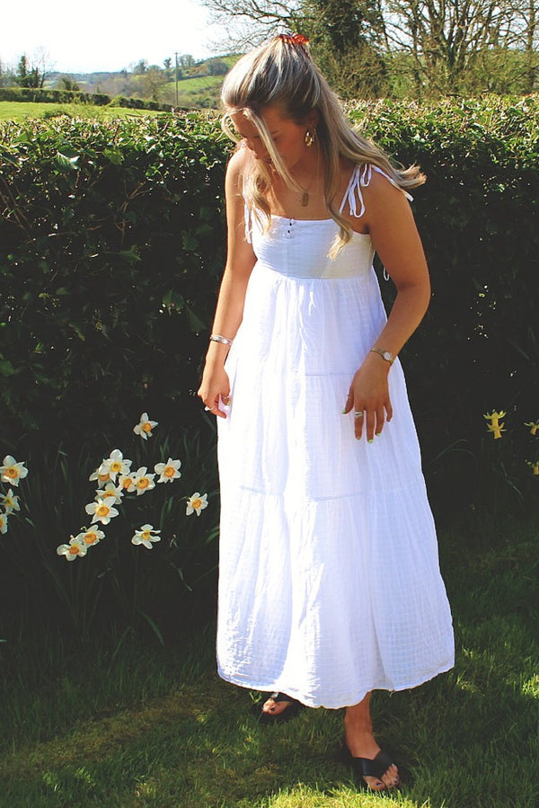 White Gingham Tiered Midi Dress