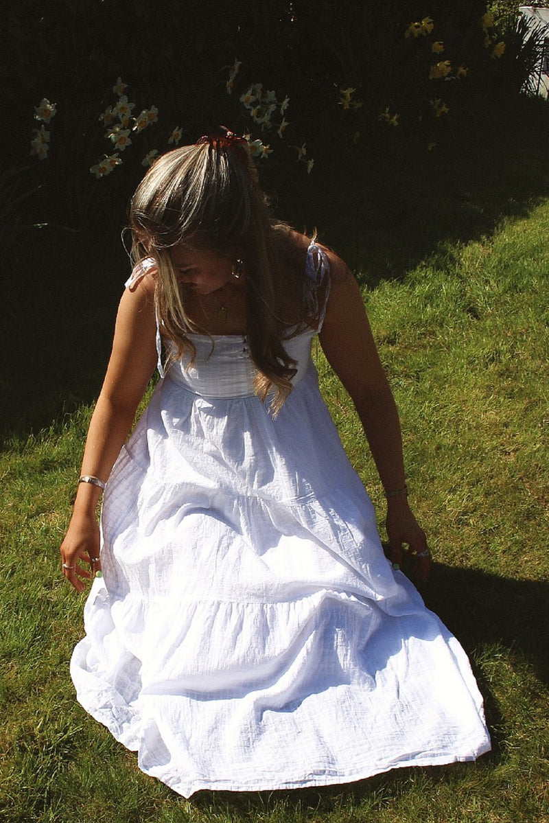 White Gingham Tiered Midi Dress