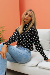 Polka Dot High Neck Blouse with Shirred Sleeves