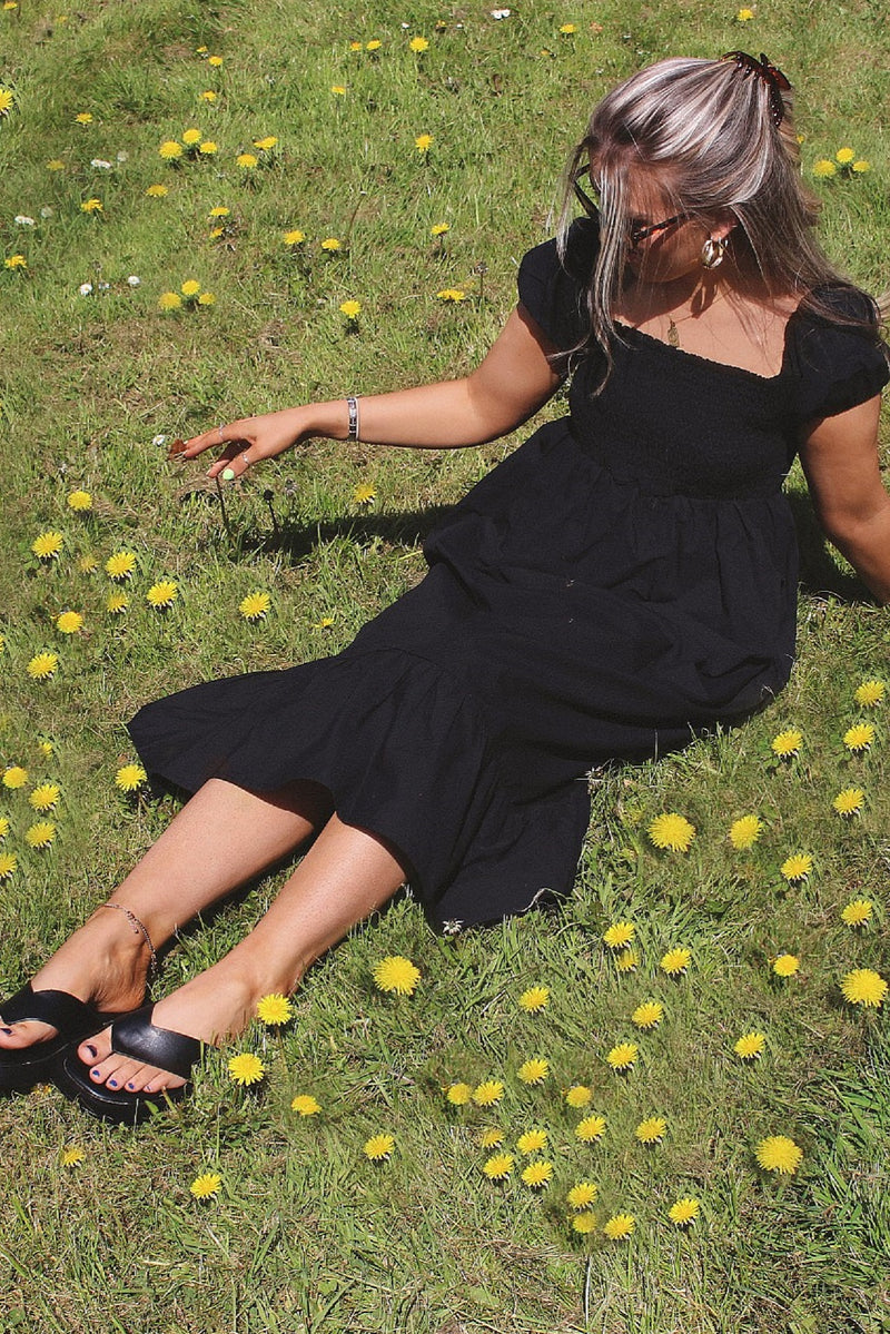 Black Shirred Cotton Midi Dress