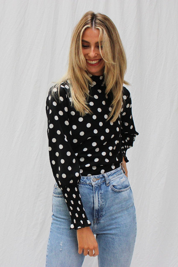 Polka Dot High Neck Blouse with Shirred Sleeves