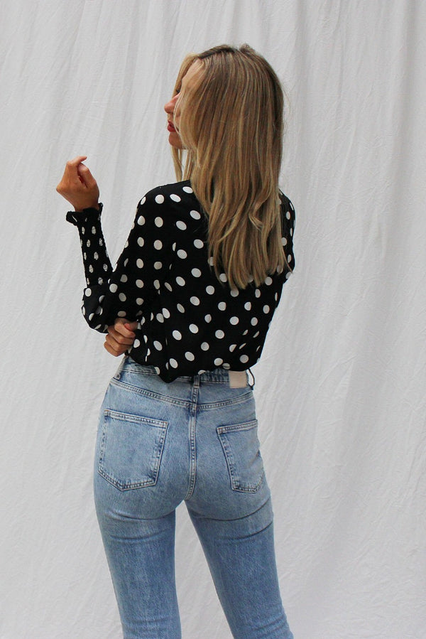 Polka Dot High Neck Blouse with Shirred Sleeves