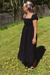 Black Shirred Cotton Midi Dress