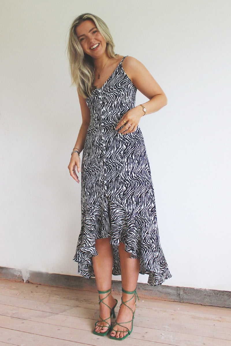 Black Zebra Print High Low Dress