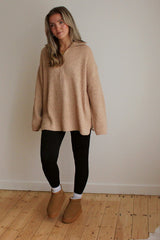 Oversized Zip Knitted Jumper in Camel