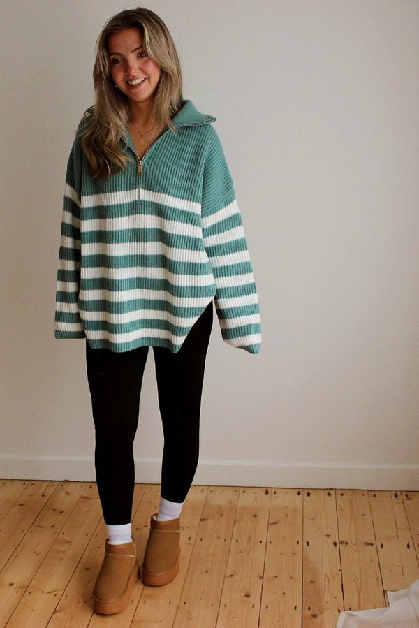 Oversized Zip Neck Knitted Striped Jumper in Green