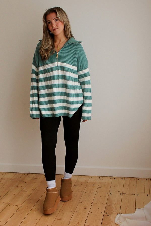 Oversized Zip Neck Knitted Striped Jumper in Green