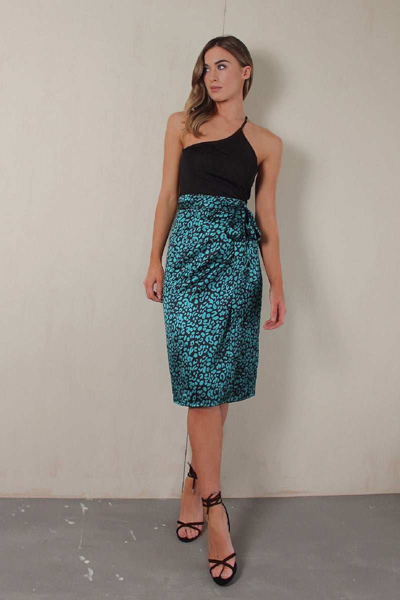 Green Leopard Print Satin Wrap Skirt